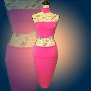 Pink Sleeveless Crop Top Bodycon Midi Dress